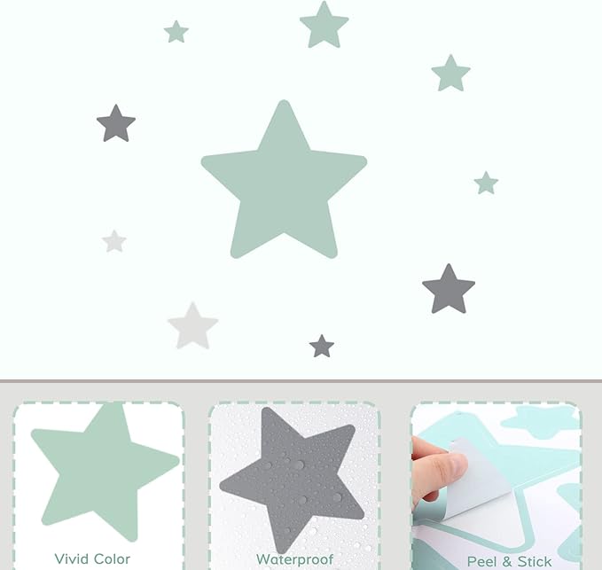 Stars Wall Stickers Removable, Vinyl Stars Wall Decals Peel and Stick, Green and Grey Tone Stars Wall Stickers for Living Room Decoration