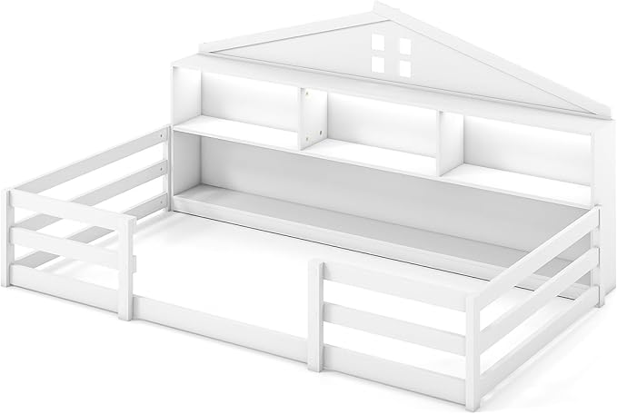 KOMFOTT Twin Floor Bed with Bookcase & LED Light, Wood Bed Frame with Bedside Bookshelves & Guardrails, Versatile 2-in-1 Montessori Floor Bed for Kids (Twin with Led Light,White)