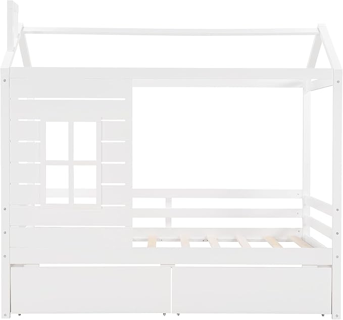 Merax Twin Size House Bed with 2 Drawers, Twin House Shaped Bed Frame for Boys Girls, Wooden Bed Frame Twin Size with Roof, No Box Spring Needed, White