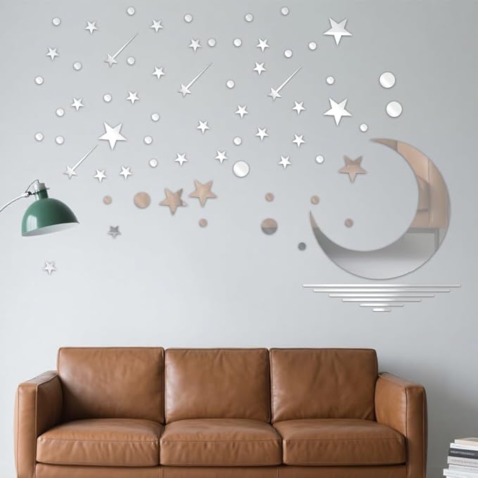 71 Pcs Silver Star Stickers, 3D Acrylic Moon Shooting Star Mirror Wall Stickers Decor, Removable Decals Art Self-Adhesive for Home Nursery Classroom Bedroom Interior Wallpaper Background Art Decor