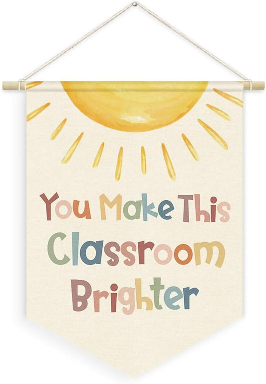 Classroom Welcome Sign Boho Neutral Classroom Banner, You Make This Classroom Bright Linen Canvas Banner, Positive Affirmations Wall Hanging Pennant Flag for Preschool Homeschool, 15x11in