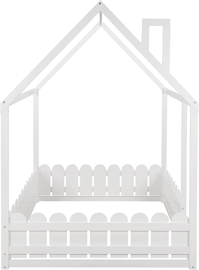 Merax Wooden House Bed with Fence-Shaped Guardrail Montessori Bed Frame for Kids, Toddlers, Girls, Boys (Full,White)