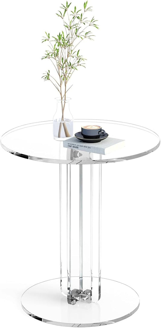Round Acrylic Side Table, Modern Accent End Table, Minimalist Bedside Night Stand, Small Coffee Tables for Living Room Office Bedroom Indoor Home Decor, Transparent
