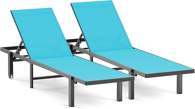 Ciokea Patio Chaise Lounge Chair Set of 2, Outdoor Lounge Chairs with Wheels, 5-Position Adjustable Sun Loungers for Pool, Deck, Beach, Lake Blue