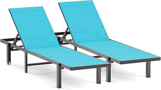 Ciokea Patio Chaise Lounge Chair Set of 2, Outdoor Lounge Chairs with Wheels, 5-Position Adjustable Sun Loungers for Pool, Deck, Beach, Lake Blue