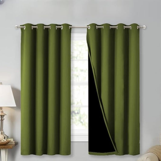 NICETOWN 100% Blackout Curtains 45 inches Long, Olive Green, 1 Pair, 52 inches Width Each Panel, 2 Thick Layers Completely Blackout Window Treatment Thermal Insulated Lined Drapes for Small Window