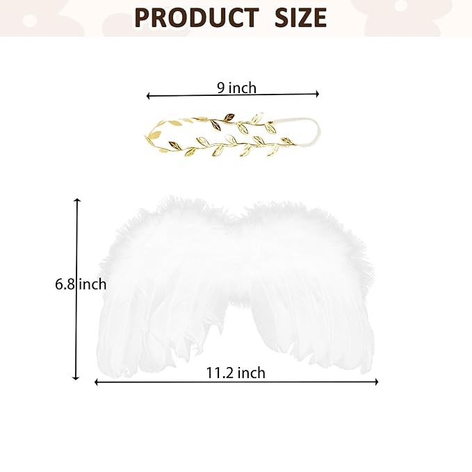 2PCS White Angel Wings With Gold Leaf Headband For Newborn Infant Photography Props Soft Feather Wings For Kids Photo Outfits Baby Girls Costume(Color H, One Size)