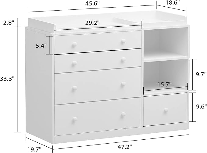 AIEGLE Baby Nursery Dresser, White Bedroom Dresser with 5 Drawers & Storage Shelves, Wood Chest of Drawers Nursery Storage Kids Organizer (47.6" L x 19.7" W x 36.1" H)