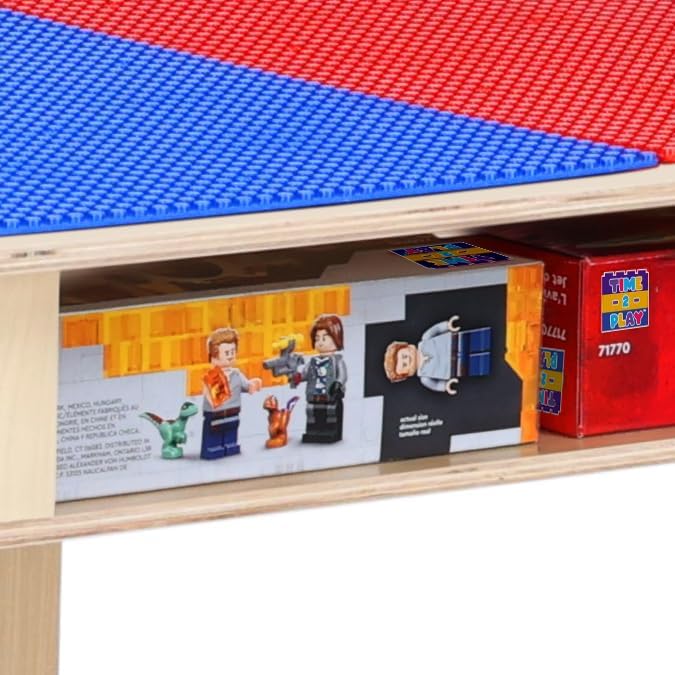 Time-2-Play Kids Wooden Rectangular Lego Compatible Play Table 30.75" W with 14" Long Maple Legs & Built in Shelf, Birch Plywood Montessori Activity Desk for Toddlers [Red & Blue]