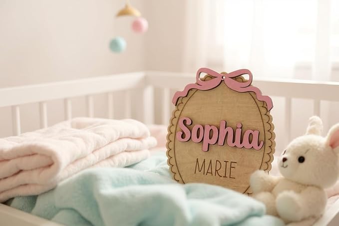 Personalized Baby Announcement Sign with Bow, Custom 3D Layered Scalloped Edge Name & Birth Stat Board for Newborn Photos (Name Sign)