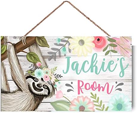 Personalized Name Floral Sloth Door Sign Girls Forest Adventure Bedroom Nursery Wall Custom Wood Plaque Sign Décor