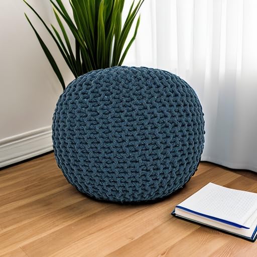 REDEARTH · Round Pouf Bean Bag Ottoman - Foot Stool Hand Knitted - Home Decor Pouffe Stuffed - Cable Boho Poof Beanbag Footrest for Living Room - Nursery - Bedroom - Patio (19.5"x19.5"x14") - Teal