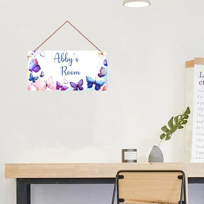 Personalized Pink Purple Butterfly Sign For Girls Bedroom Baby Nursery Door Fantasy Flower Wood Plaque Hanging Wall Art Decor For Kids Room Little Man Cave