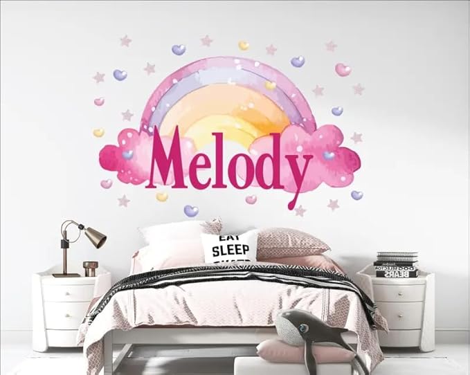 Rainbow Name Wall Decal for Kids Room – Personalized Name Wall Sticker for Nursery Bedroom Playroom – Custom Girl Room Decor with Rainbow Clouds Hearts and Stars – Baby Name Wall Art Vinyl Decal