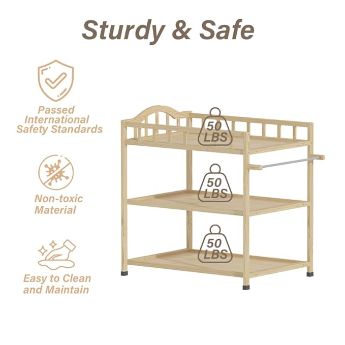 Paintless Pine Wood Baby Changing Table with Storage Shelves, Portable Nursery Diaper Changing Station for Infants, Children's Room, Bedroom, Nursery Changing & Dressing Furniture,Natural