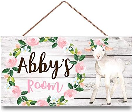 Personalized Kids Baby Girl Room Floral Lamb Door Sign Flowers Cute Bedroom Nursery Wall Art Décor Custom Name Wood Sign
