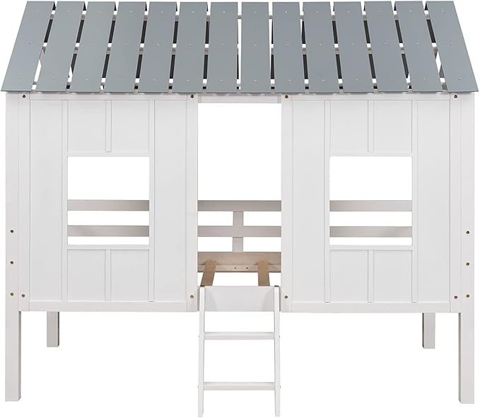 Merax Twin Size Wooden House Bed, Low Loft Bed Frames with Two Front Windows and Roof for Girls and Boys, White(Grey Roof)