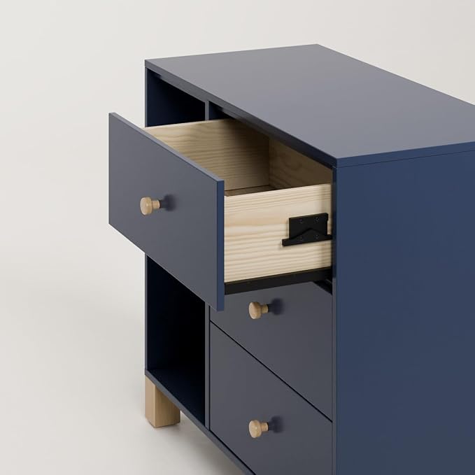 Storkcraft California 3 Drawer Combo Dresser (Midnight Blue with Driftwood) – GREENGUARD Gold Certified, Interlocking Drawer System, Pre-Installed Drawer Tracks for Easier Assembly, Spacious Cabinet