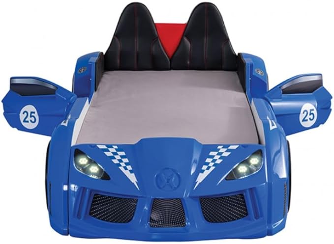 MASARA Race Car Twin Bed with LED Lights, Music Player, Magnetic Doors (Blue)