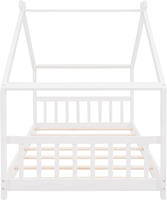 Ball & Cast Twin Size Floor Bed,Low to Ground Design Montessori Bed with Roof,Toddler House Bed Frame W/Slats,No Box Spring Needed,for Girls Boys,White