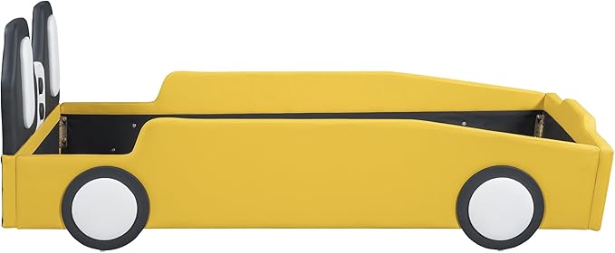 Twin Size Race Car Bed for Kids, PU Car-Shaped Bedframe with Wheels and Side Rails for Boys,Girls, Wood Slat Support, No Box Spring Needed,Yellow