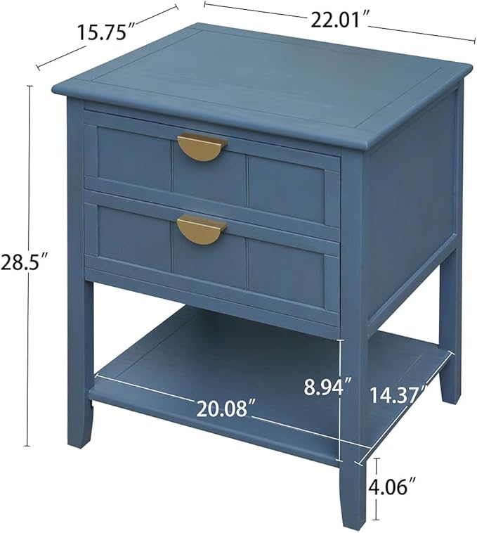 PElHONGET Nightstand with 2 Drawers, Accent End Table Mid Century Modern Side Table with Shelf Storage, Bed Night Stand with Metal Handles Wood for Bedroom, Living Room (Blue)
