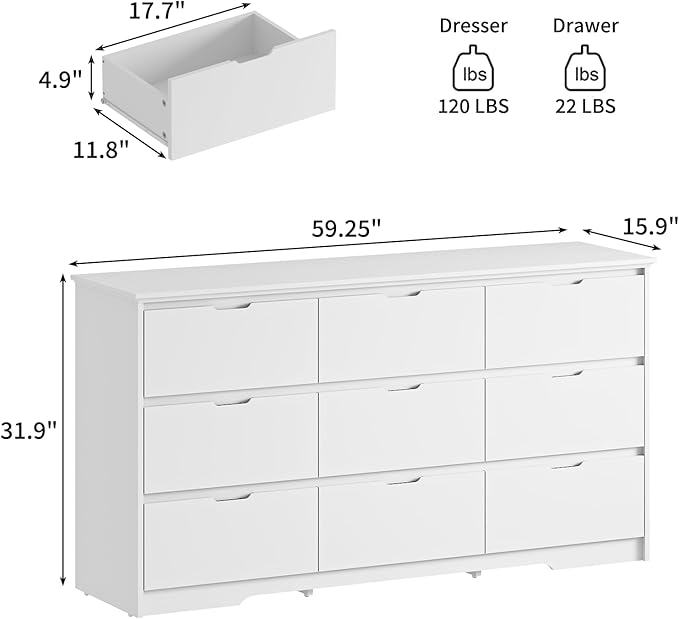 CARPETNAL 9 Drawer White Dresser for Bedroom with Deep Drawers, Large Dressers & Chest of Drawers Handle Free, Modern Long Dressers for Closet Bedroom, Living Room (59.25" W x 15.9" D x 31.9" H)