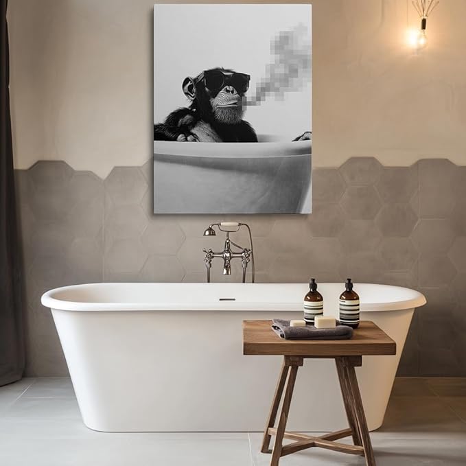 Funny Black and White Monkey Picture Wall Decor Framed Cool Chimpanzee Gorilla in Bathtub Canvas Wall Art Animal Prints Poster Modern Pop Fun Painting for Bathroom Living Room Bedroom (16"x24")