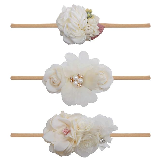 Baby Girl Floral Headband Nylon Flower Crown Elastic Hairband 3pcs Hair Accessories Gift for Girls, 2#, stretchy size