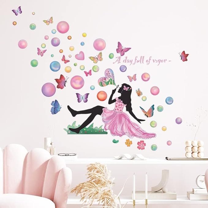 Fairy Girl Blowing Bubble Wall Decal with Colorful Flying Butterfly and Flower Wall Sticker 42.5x37.4inch Removable Self-adhsive Vinyl Wallpaper for Kids Bedroom Nursery Home Decors