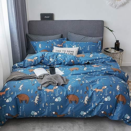 Houseri Blue Bear Animal Print Duvet Cover Set Queen Full - 3 Pcs (Duvet Cover, 2 Pillowcases) - Modern Rustic, Unisex - Cotton, 200 Thread Count - Machine Washable