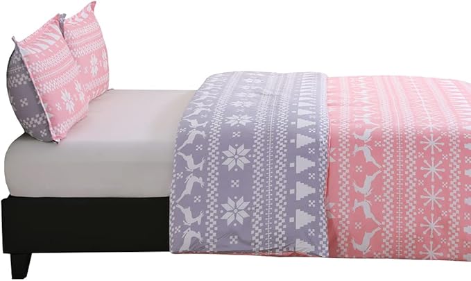 Soft Brushed Microfiber Duvet Cover Set with Zipper Closure and Corner Ties, Reversible Design for Christmas Holiday, Pink and Grey Color-Queen Size