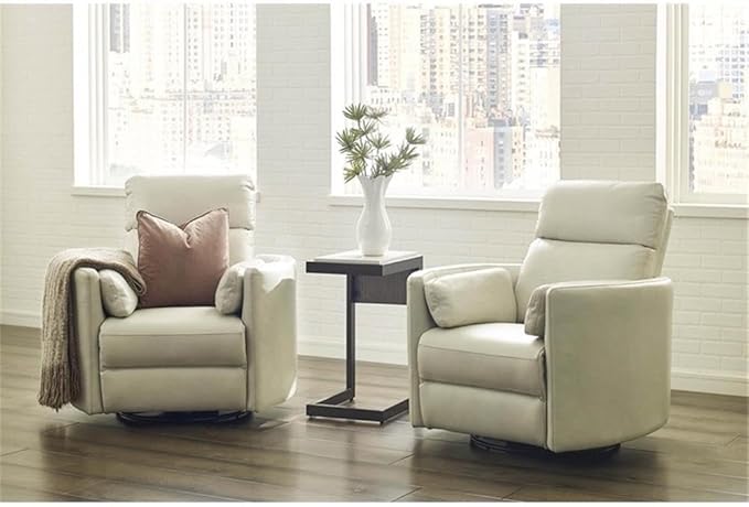 Pemberly Row Leather Power Cordless Swivel Glider Recliner in Ivory with USB Charging Ports and 2 Comfort Pillows for Living Room