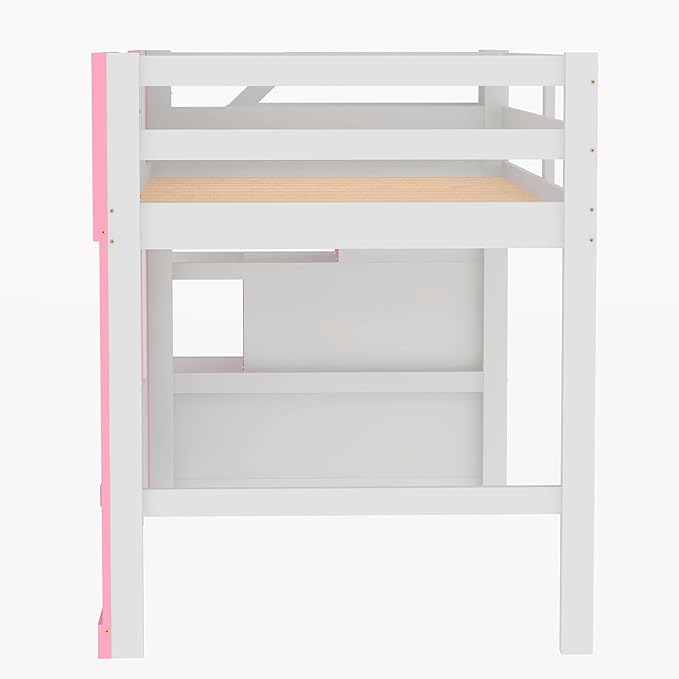 Playhouse Design Twin Size Loft Bed with Storage Staircase and Windows, Solid Wood Loft Bed Frame with Safety Guardrail for Kids Teens Boys Girls, Space-Saving (Pink-3)
