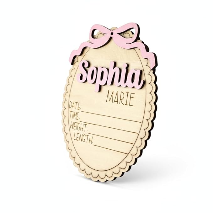 Personalized Baby Announcement Sign with Bow, Custom 3D Layered Scalloped Edge Name & Birth Stat Board for Newborn Photos (Stat Sign)