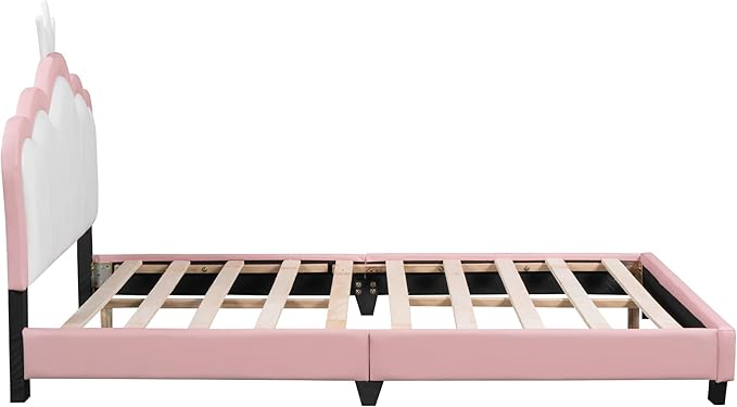 CITYLIGHT Full Size Princess Bed for Girls, PU Upholstered Platform Bed with Crown Headboard, Cute Beds Full Bed Frame for Kids, Pink+White