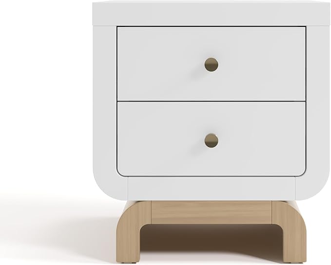 Storkcraft Santorini 2 Drawer Nightstand (White & Driftwood) - GREENGUARD Gold Certified Nightstand for Kids Bedroom, Premium Wood with Curved Base, “Champagne” Metal Knobs