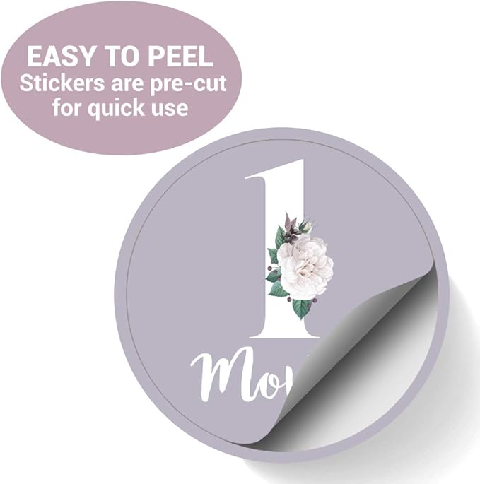 Baby Monthly Stickers - Set of 24 - Floral Baby Girl Milestone Stickers - Perfect for Newborn Girls - Month to Month Milestones - Purple Mauve Floral Design (Set of 24)