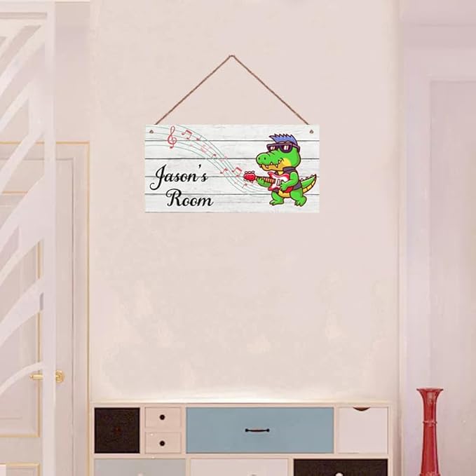 Personalized Signs Cute Dinosaur Playing Guitar Sign For Kids Room Custom Name Door Wall Decor For Girls Room Floral Nursery Art Plate For Boys Bedroom Little Man Cave