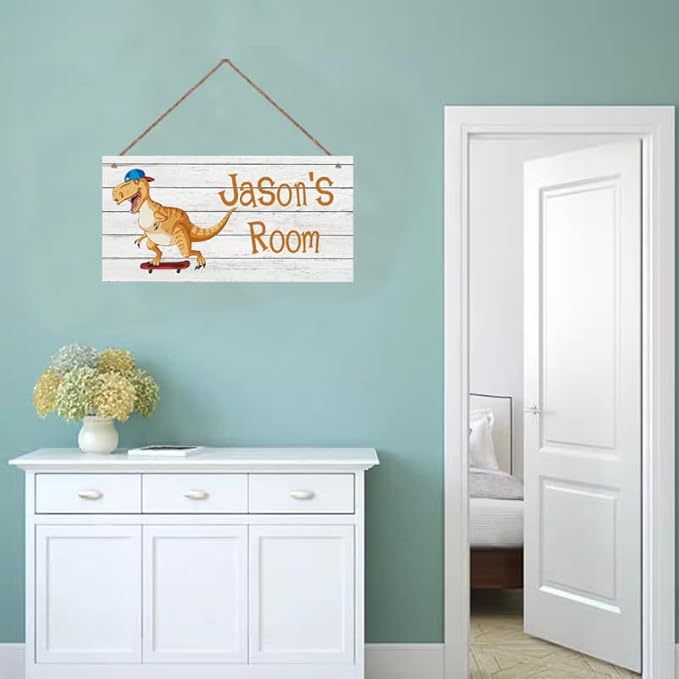 Personalized Signs Cute Dinosaur Sign For Kids Room,Playing skateboards, Custom Name Door Wall Decor For Boys Room Floral Nursery Art Plate For Girls Bedroom Little Man Cave