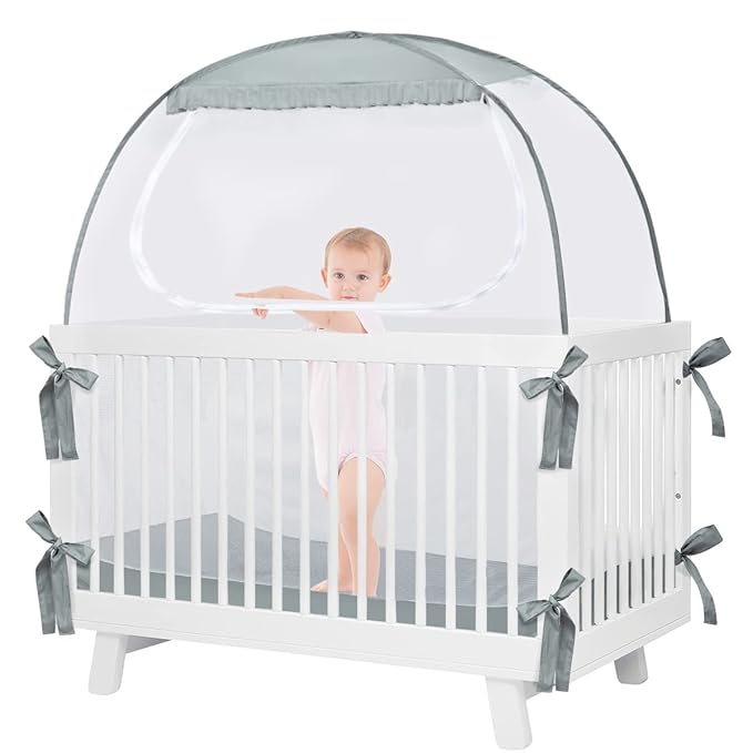 Baby Crib Tent, Pop Up Crib Canopy to Keep Baby from Climbing Out, Safety Crib Net Mosquitoes Net with See-Through Mesh, Fits Most Standard Cribs