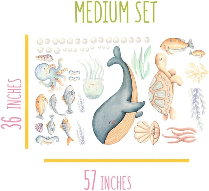 Under The Sea Wall Decals – Sea Life Stickers, Removable Wall Stickers, Watercolor Ocean Animals, Peel & Stick, for Nursery Baby Kids Bedroom Bathroom, Medium Set (57" W x 36" H) 50 Pcs