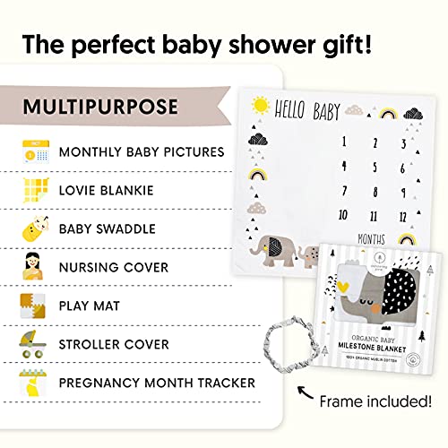 Organic Baby Monthly Milestone Blanket for Boy or Girl with Month Marker - Elephant Milestones Blanket, 1-12 Months, Gender Neutral, 47" X 47"