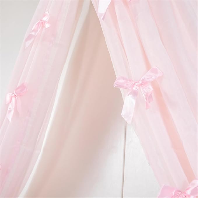 Lotus Karen Princess Bed Canopy Chiffon Girls Bed Curtain Decorative Drapery Metal Crown for Girls Cute Pink Bow-Knots Kids Bedding