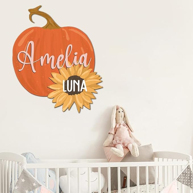 IZI POD Personalized Wooden Name Sign, Round 3D Nursery Name Sign, Pumpkin Sunflower Nursery, Baby Name Sign, Wooden name signs for nursery, Little Pumpkin Decor, Baby Shower, Name signs for kids gift/14, Design 14