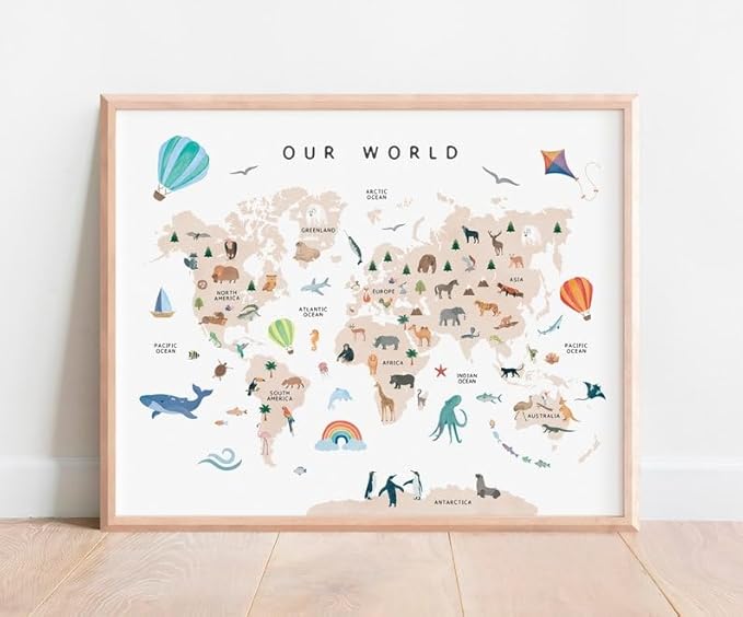 OZCONO Animal World Map Poster, Kids Educational Geography Decor, Safari Animals Nursery Art, Montessori Learning Wall Print (Unframed) (12x18)