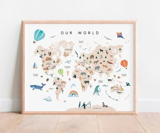 OZCONO Animal World Map Poster, Kids Educational Geography Decor, Safari Animals Nursery Art, Montessori Learning Wall Print (Unframed) (12x18)