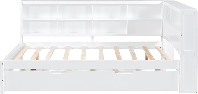 Harper & Bright Designs Full Size Daybed with Trundle and Charging Station, Wooden Full Storage Bed Frame with L-Shaped Bookcases, Full Platform Bed with Shelves for Kids Girls Boys, White