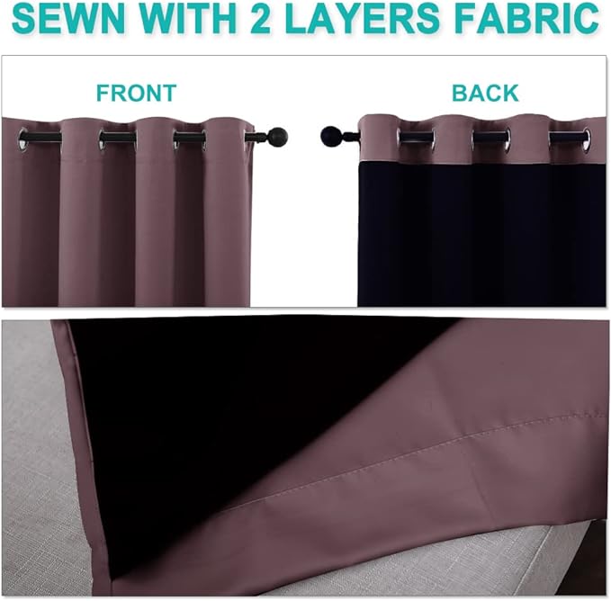 NICETOWN 100% Blackout Window Curtain Panels, Full Light Blocking Drapes with Black Liner for Nursery, 72-inch Drop Thermal Insulated Draperies (Dry Rose, 2 Pieces, 52-inch Wide Per Panel)