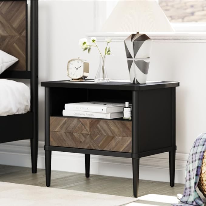 Lenia Solid Wood Nightstand, Mid Century Modern Night Stand End Table Bedroom Living Room, Herringbone Pattern Bedside Table for, Rustic Side Table with Drawer & Open Storage, Mocha Black